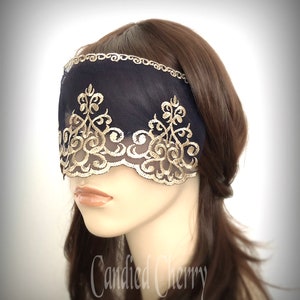 Dark Navy and Gold Arabesque Lace Mask Veil-Mysterious Masquerade Party Arabian Night Odalisque Halloween Lace Blindfold Mask-"YASMIN"