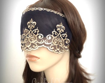 Dark Navy and Gold Arabesque Lace Mask Veil-Mysterious Masquerade Party Arabian Night Odalisque Halloween Lace Blindfold Mask-"YASMIN"