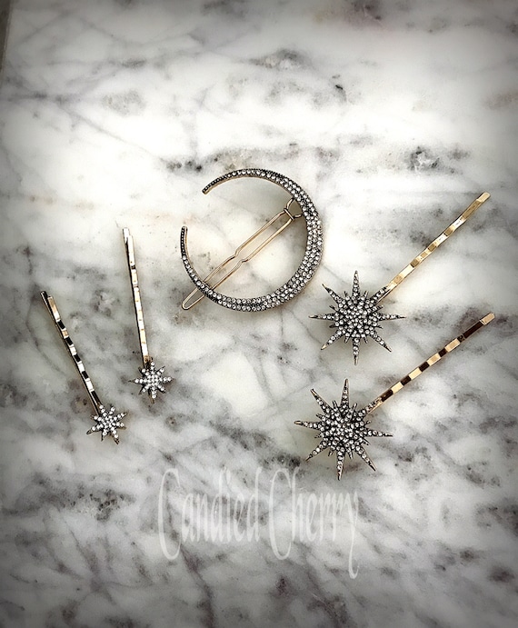 Set of 5 Crystal Cosmic Star & Moon Galaxy Hair Pins-vintage  display picture 2