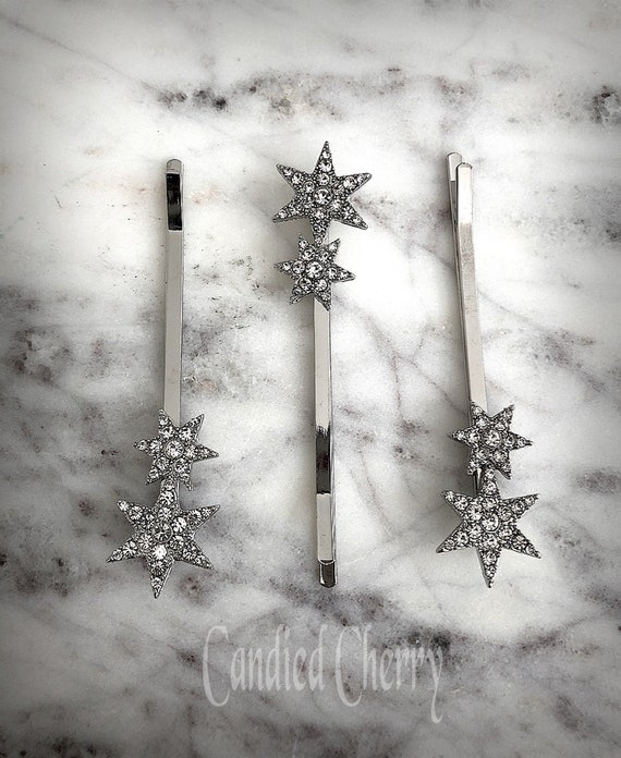 Set of 3 Crystal Cosmic Star Galaxy Hair Pins-vintage Art 