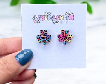 St. Patrick's Day Earrings, Shamrock Earrings, Leopard Shamrock Earrings, Neon Leopard Earrings