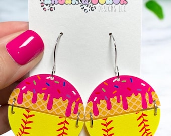 Softball Earrings, Softball Drip Earrings, Sports Earrings, Softball Mom, Game Day, Ice Cream Drip
