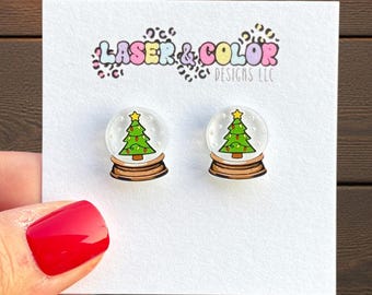 Snow Globe Earrings, Christmas Earrings, Laser Cut Studs
