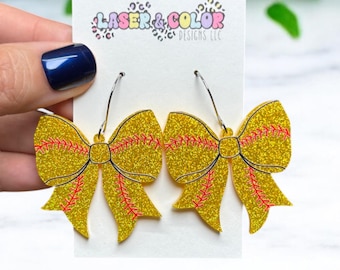 Softball Bow Earrings, Softball Earrings, Softball Coquette Glitter Earrings, Sports Earrings, Softball Mom Earrings, Team Spirit Earrings