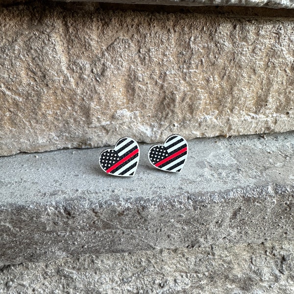 Thin Red Line Heart Acrylic Earrings | Thin Red Line Earrings | Firefighter Stud Earring | Firefighter Wife Gift