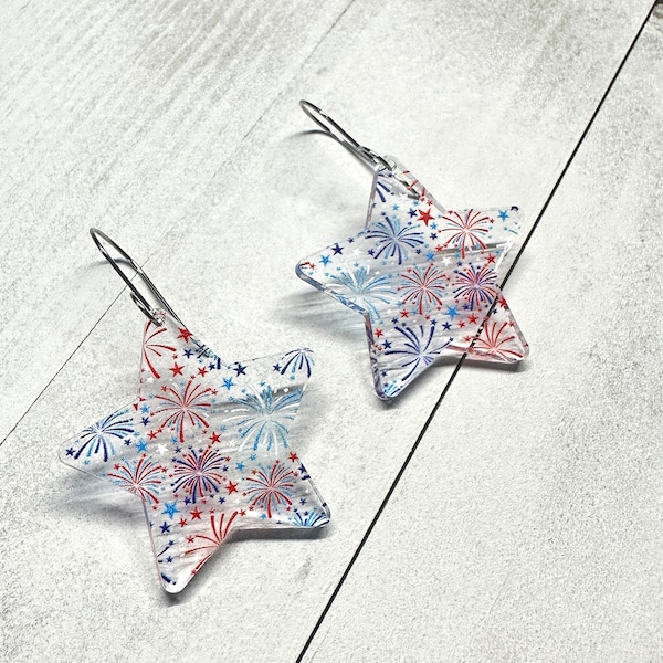 Fireworks Star Dangle Earrings | 4th of July Earrings | Red White Blue Earrings | Patriotic Earrings