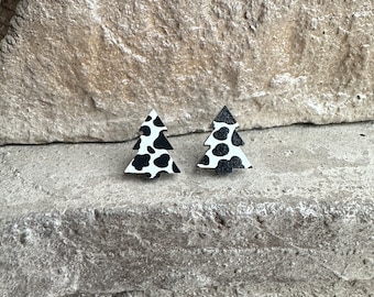 Cow Print Christmas Tree Wood Earrings | Christmas Earrings | Western & Farm Earrings