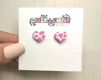 Pink Cow Print Heart Earrings, Valentine’s Day Earrings, Cow Print Earrings, Heart Earrings, Gift for Cow Lover, Farm Earrings