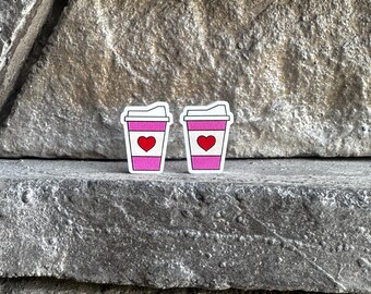 Valentine’s Day Earrings, Love Earrings, Coffee Cup Earrings, Galentine's Day Earrings, Heart Earrings, Coffee Lover Gift