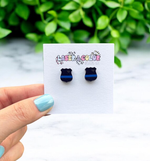 Thin Blue Line Badge Earrings, Back the Blue Earrings, Police Earrings, Thin Line Earrings, Police Wife Gift, LEO Earrings