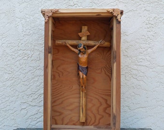 Shrine Nicho Altar Vintage Cedar Wood Crucifix Box DianaLaMorrisArt