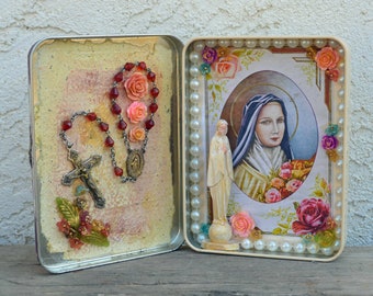 Shrine St Theresa and Mary Queen of the Universe Nicho Altar Home Altar Altoid Art Style Tin Prayer Box