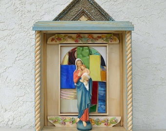 Shrine Nicho Altar Madonna and Child Home Altar Stained Glass Prayer Station DianaLaMorrisArt