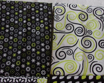 Black and Green and White Fat Quarters for Quilting - Five Pieces Altogether