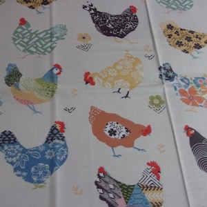 May include: White fabric with a repeating pattern of colorful chickens. The chickens have various patterns and colors, including blue, orange, yellow, and black. Small floral and geometric shapes are scattered throughout.