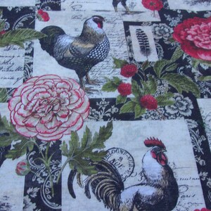 May include: A fabric with a repeating pattern of roosters, roses, and handwritten text. The background is a patchwork of black and white squares.