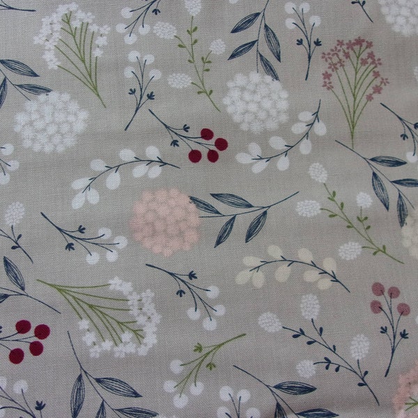 Greige Floral Fabric Purple White and Dark Red Flowers on Beige Gray Background Very Nice Fabric