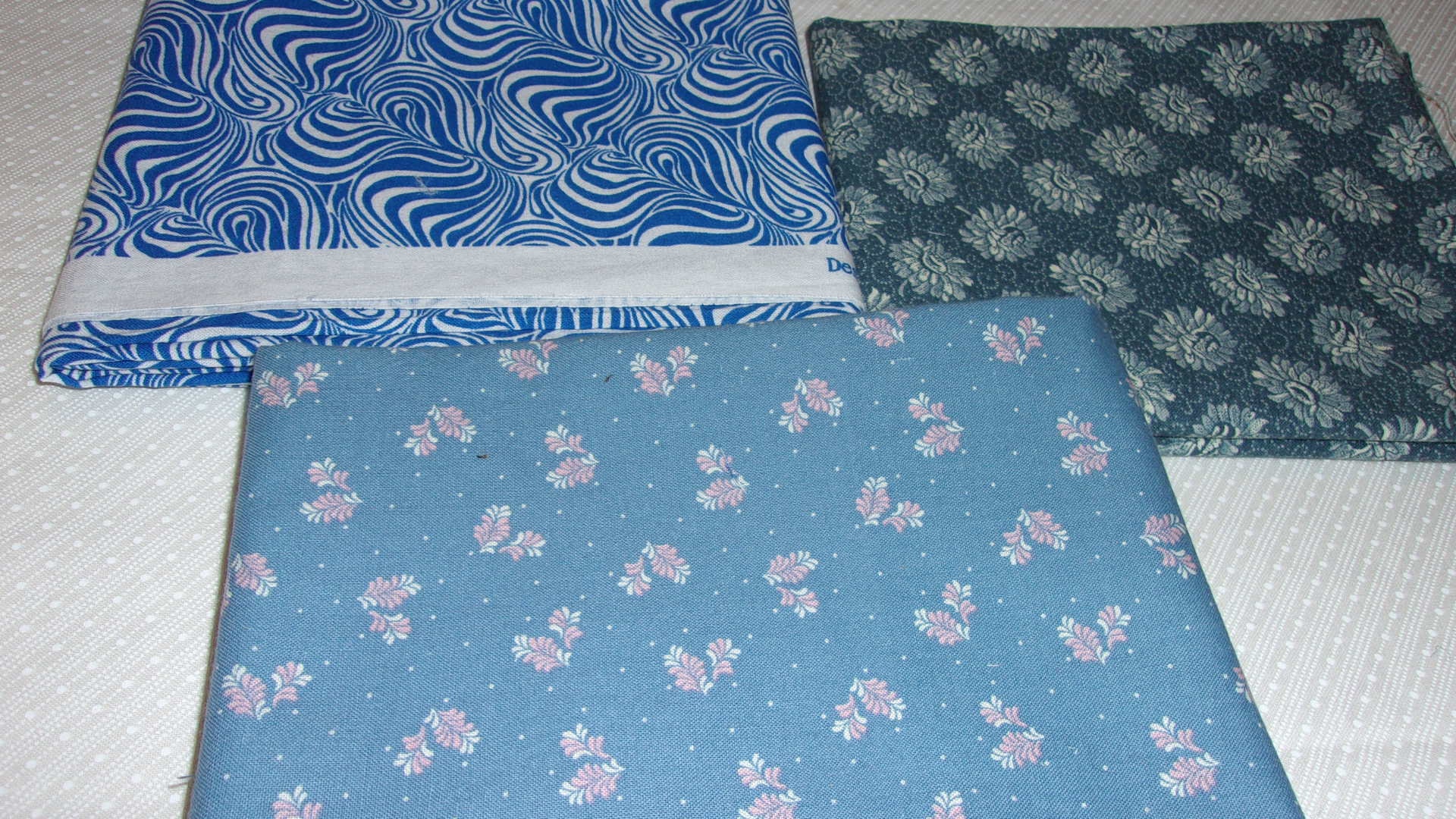 Vintage Blue Quilting Fabric Remnants Floral and Swirl Design Pre-Washed and Pressed