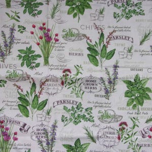 May include: White fabric with a repeating pattern of various herbs and spices. The fabric features illustrations of herbs like parsley, chives, oregano, sage, and thyme. The text "Home Grown Herbs" is repeated throughout the fabric.