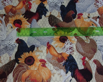 May include: A beige fabric with a repeating pattern of colorful roosters and hens. The roosters and hens are depicted in a realistic style with detailed feathers and markings. The background is a beige chicken wire pattern.