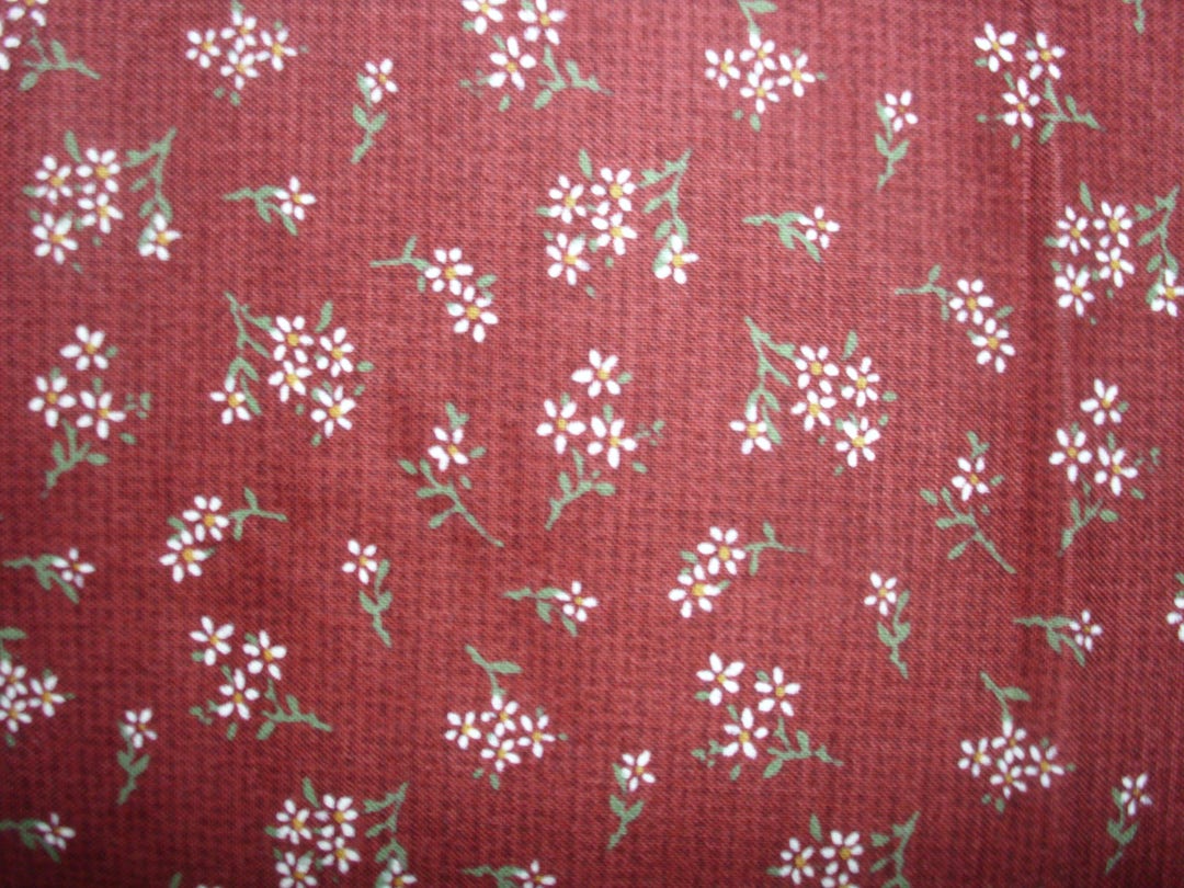 Dark Red Fabric / Quilting Fabric / White Flowers on Red / Etsy