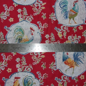 Large Roosters on Red Fabric Morning Bloom Daphne B. Wild Apple David Textiles