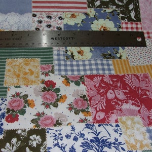 Patchwork BoHo Patch Print Blue and Pink on White Quilt Fabric BACK IN STOCK