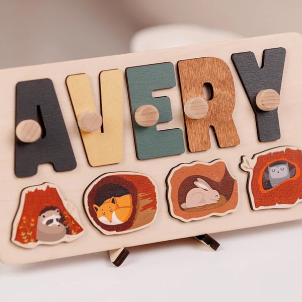Baby Name Puzzle, Montessori Wooden Puzzle, First Birthday Gift, Personalized Wooden Name Puzzle with Pegs, Baby Shower Gift