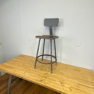 Vintage industrial 26-32” height adjustable Royal Industries stool with square masonite seat - (K)