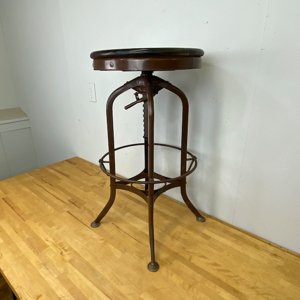 Vintage UHL toledo furniture adjustable height stool great patina 28-32 1/2“ high