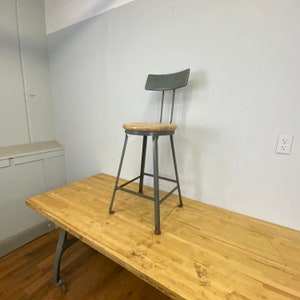 Vintage industrial angle steel stool co 24” angle steel stool in factory with backrest and hardwood seat