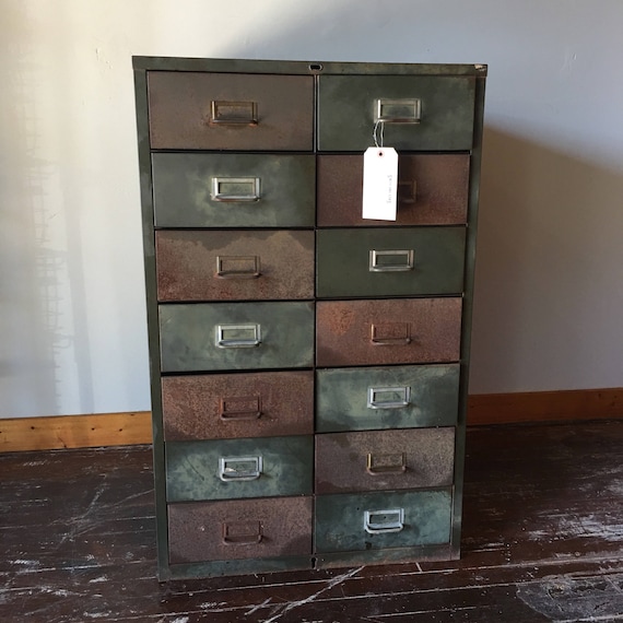 vintage industrial 14 drawer steel cabinet in original factory | etsy