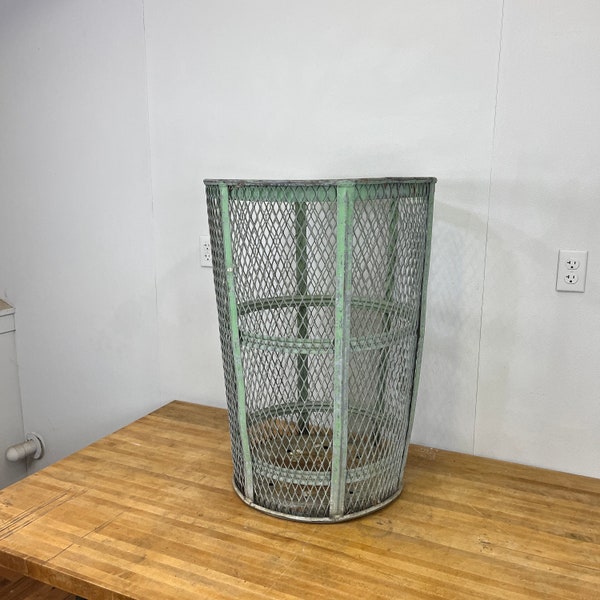 Large Vintage industrial wheeling expanded wire mesh trash can. 33” high - many available - on hold - D