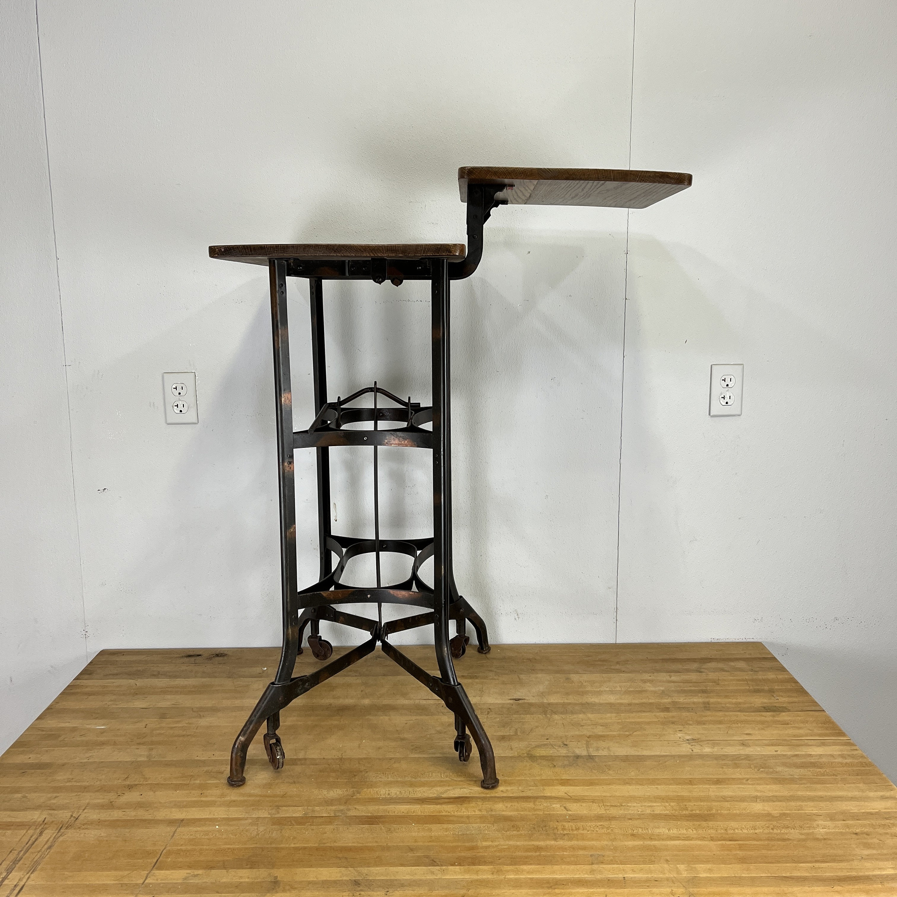 Antique Oak and Japanned Steel 'typewriter' Stand - Bed Side Table