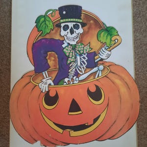 Dapper Skeleton in a Jack-o-Lantern - Vintage 1990s Halloween Die-Cut Decor
