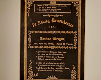 Antique Funeral Card - Dated 1889 - Black with Gold Print