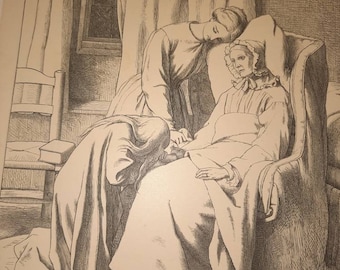 An old woman dies - Large Victorian era Mourning Lithograph- 1860s (Price Reduced)