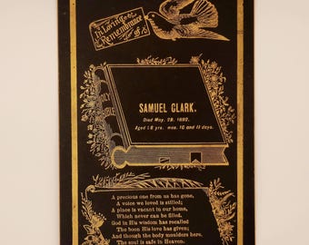 Antique Funeral Card - Dated 1892 - Black with Gold Print
