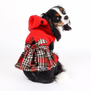 Dog Dress Plaid Hooded Jacket Red Fleece Hoodie Ribbon Back Leash Hole Holiday Outfit Free Shipping