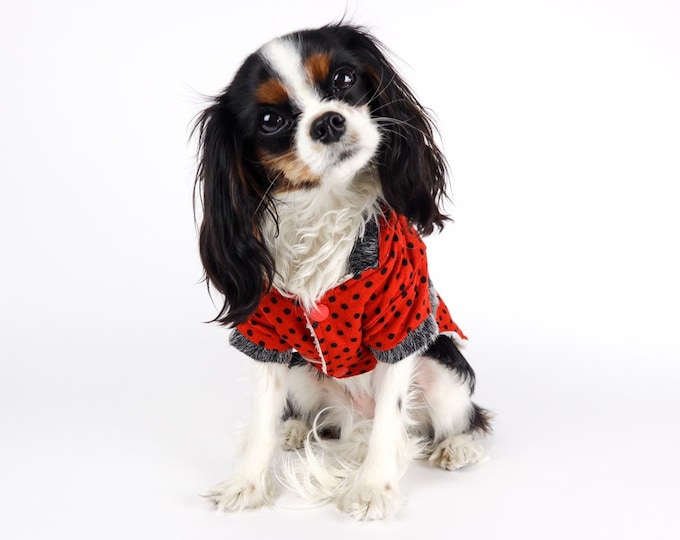 Polka Dot Dog Hooded Sweater Jacket Sherpa Lined Red Black