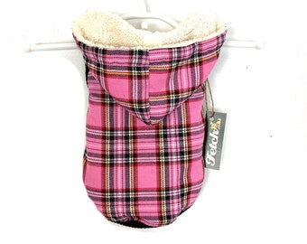 Dog Jacket Coat Hooded Sherpa Lined Pink Plaid Small Dogs Hoodie Free Shipping