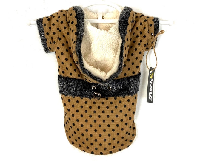 Dog Sweater Jacket Hooded Soft Sherpa Lined Camel Tan Black Polka Dot Hoodie Warm Cute Puppy Coat Small Dogs Free Shipping