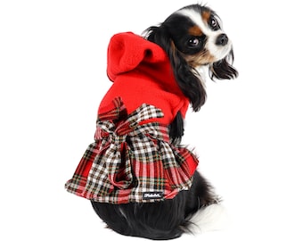 Dog Dress Jacket Plaid Hooded Red Fleece Hoodie Ribbon Back Leash Hole Puppy Valentines Christmas Thanksgiving Holiday Outfit Free Shipping