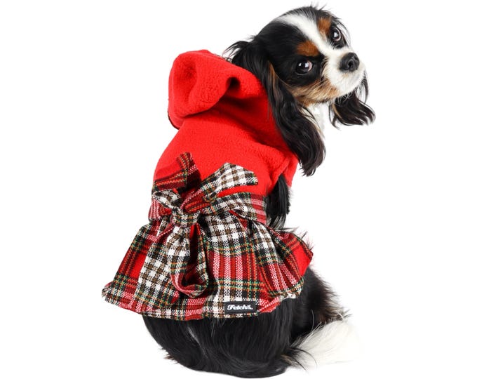 Dog Dress Jacket Plaid Hooded Red Fleece Hoodie Ribbon Back Leash Hole Puppy Valentines Christmas Thanksgiving Holiday Outfit Free Shipping