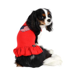 May include: A small dog wearing a red dress with a heart-shaped American flag patch. The dress has a ruffled hem.