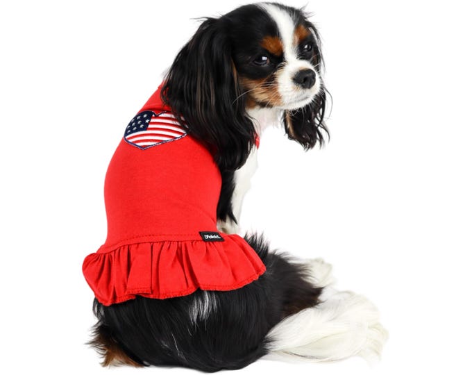 Dog Dress Red, White & Blue Americana Cotton Jersey Tshirt Knit Embroidered USA American Flag Heart Patch Free Shipping