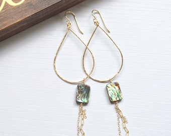 Abalone Shell Earrings, Gold Teardrop Earrings, Dangling Shell Earrings