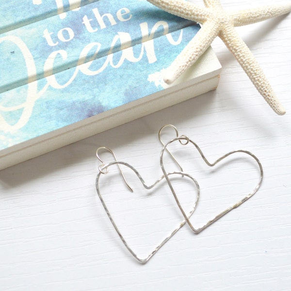 Open Heart Earrings, Large Heart Wire Earrings, Hammered Heart Earrings in Silver or Gold