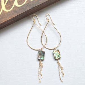 Abalone Shell Earrings, Gold Teardrop Earrings, Dangling Shell Earrings