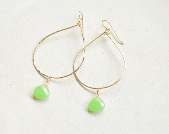 Green Chalcedony Briolette Earrings, Chalcedony Teardrop Earrings in Gold